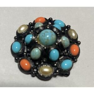 Premier Designs AZTEC silver turquoise coral pearl pendant pin Brooch Costume